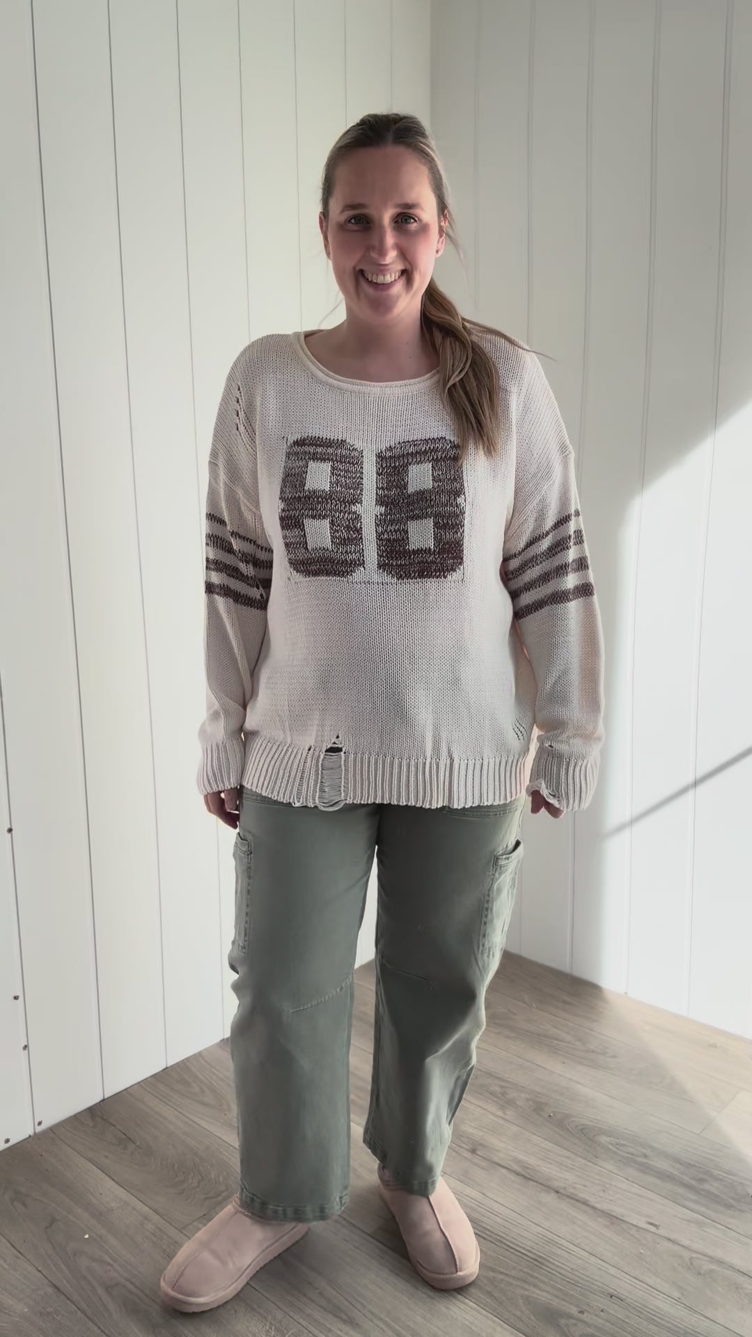 Dacey Distressed Varsity Knit Sweater- WHITE SWAN