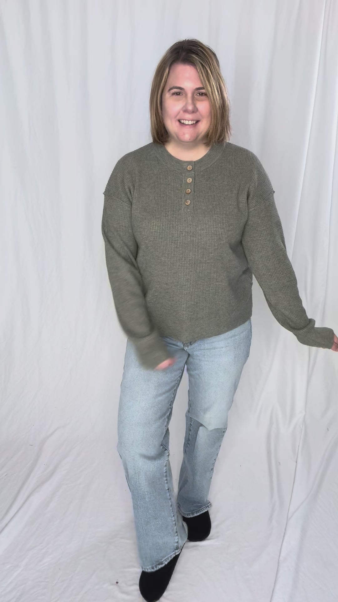 Kayla Waffle Knit Henley Sweater- CREAMY OLIVE