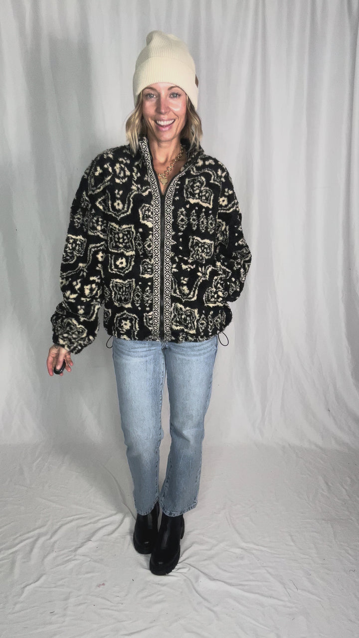 Hailey Oversized Boho Print Sherpa- BLACK MULTI