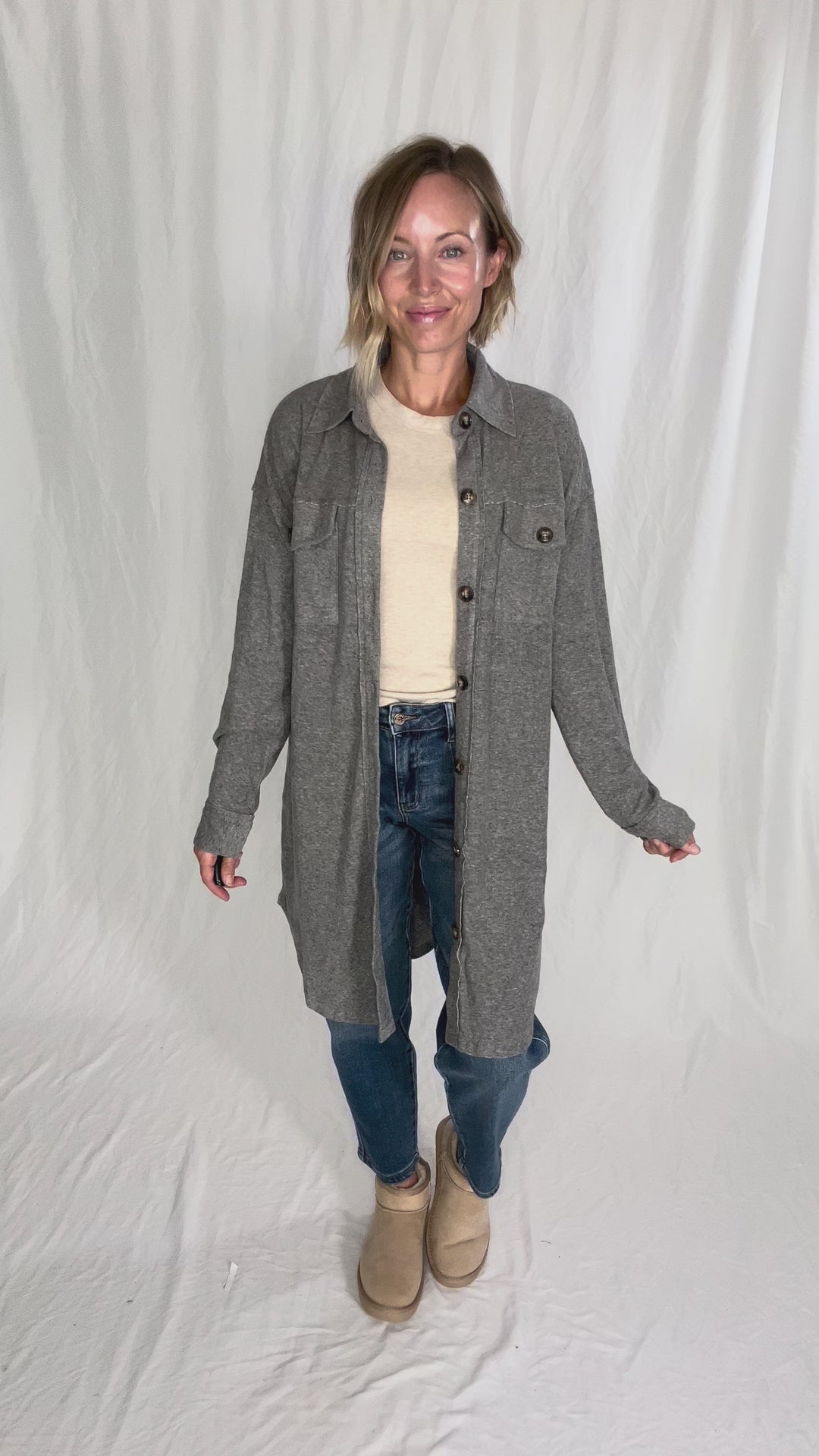Taylor Brushed Knit Longline Shacket- GREY