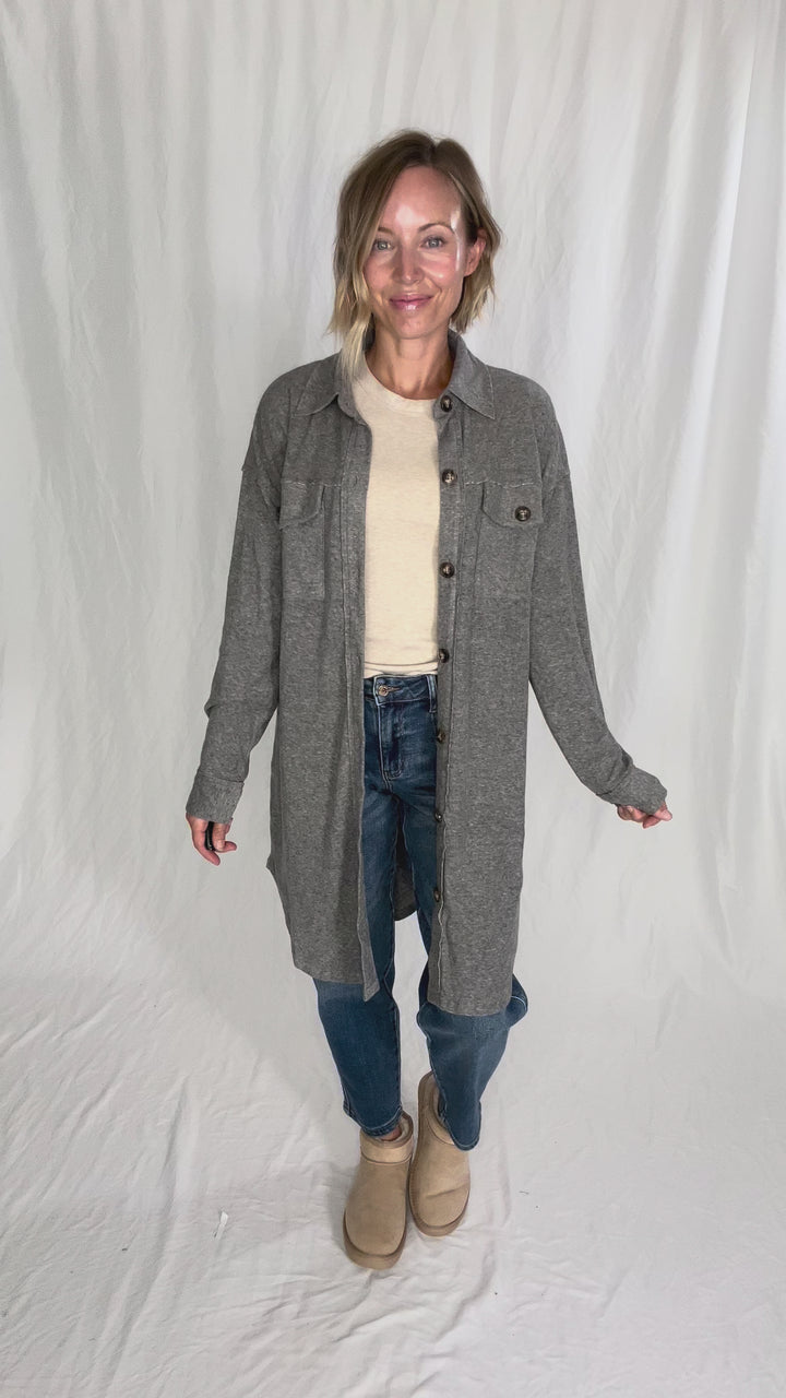 Taylor Brushed Knit Longline Shacket- GREY