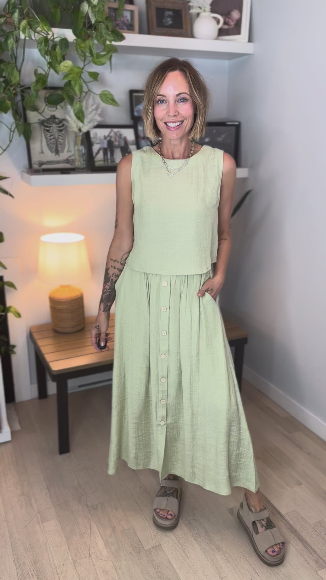 Pineapple Textured Button Skirt & Top Set- LIGHT OLIVE