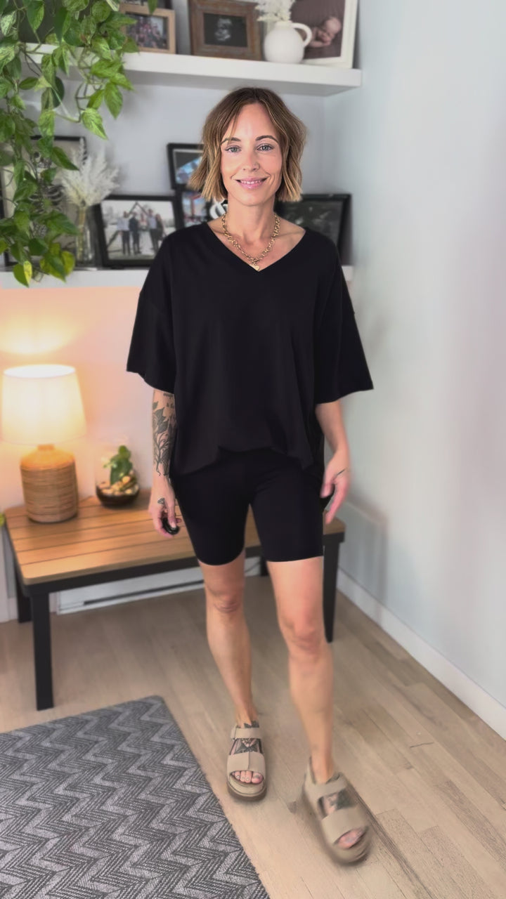 Champlain V-neck Cotton Short Set- BLACK