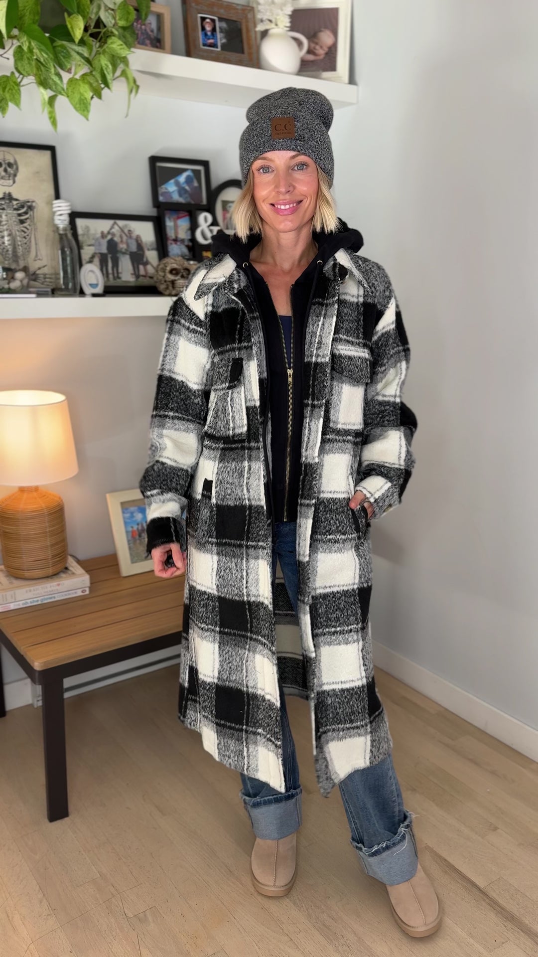 Glinda Twofer Hoodie Plaid Jacket- IVORY/BLACK