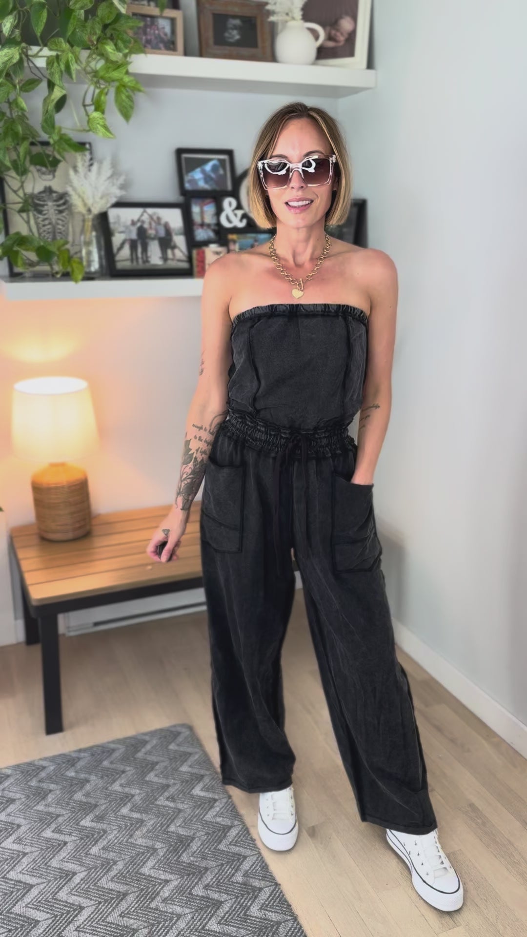 Beach Town Mineral Washed Strapless Jumpsuit- ASH BLACK