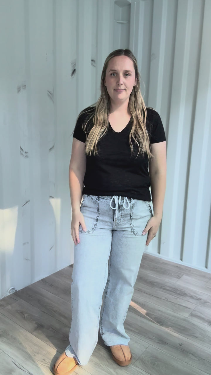 FLYING MONKEY Hazel High Rise Drawstring Wide Leg Jeans- ACID GREY