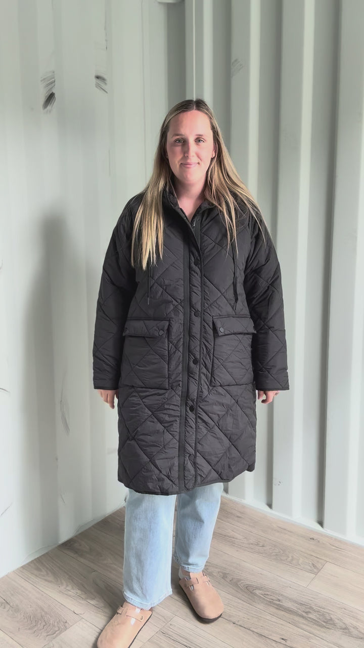 Applewood Long Line Puffer Coat- BLACK
