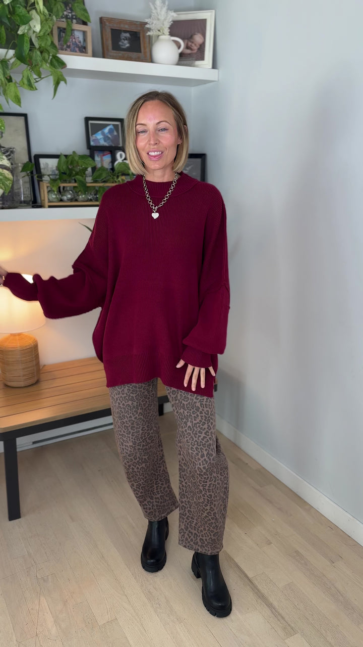 Frosted Pines Oversized Side Slit Sweater- BURGUNDY