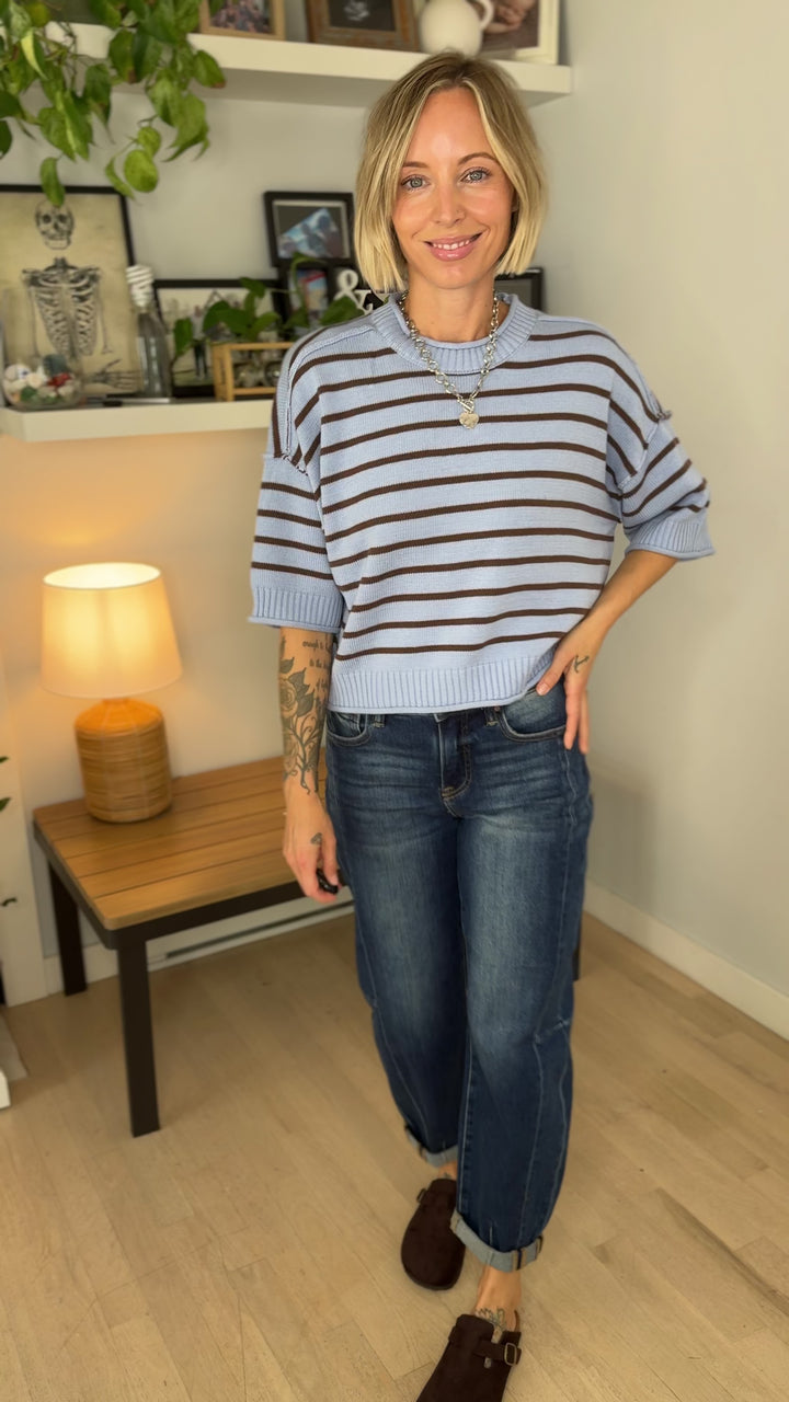 Darlene Stripe Drop Shoulder Short Sleeve Sweater- LIGHT BLUE