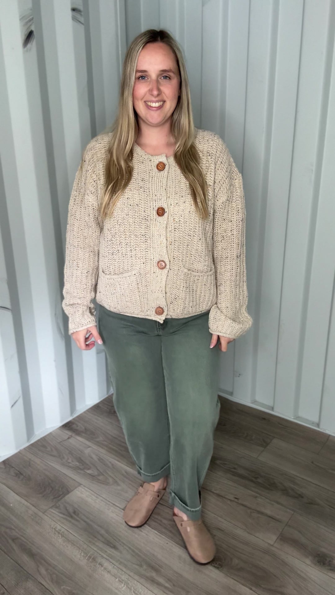 Brinks Marled Button Raw Edge Cardigan- LIGHT KHAKI