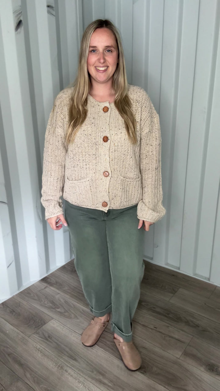 Brinks Marled Button Raw Edge Cardigan- LIGHT KHAKI