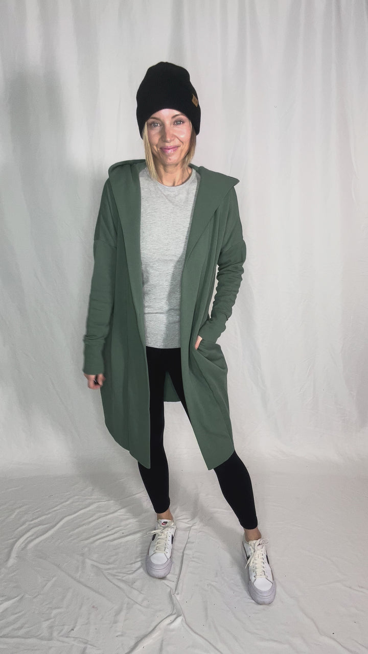 MONO B Whistler Longline Hoodie Cardigan- ELDERGREEN