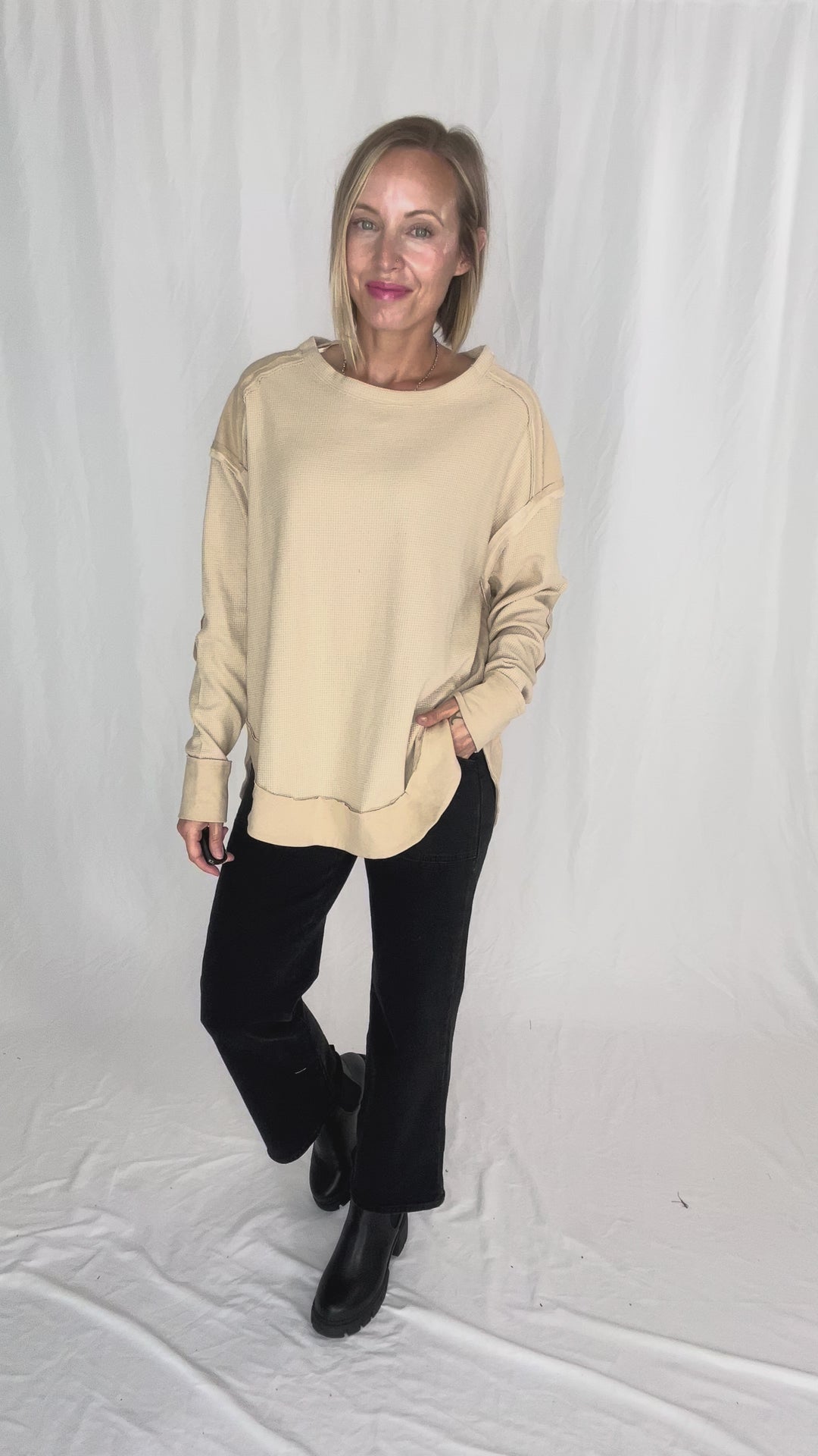Jenna Long Sleeve Waffle Pullover- MOCHA