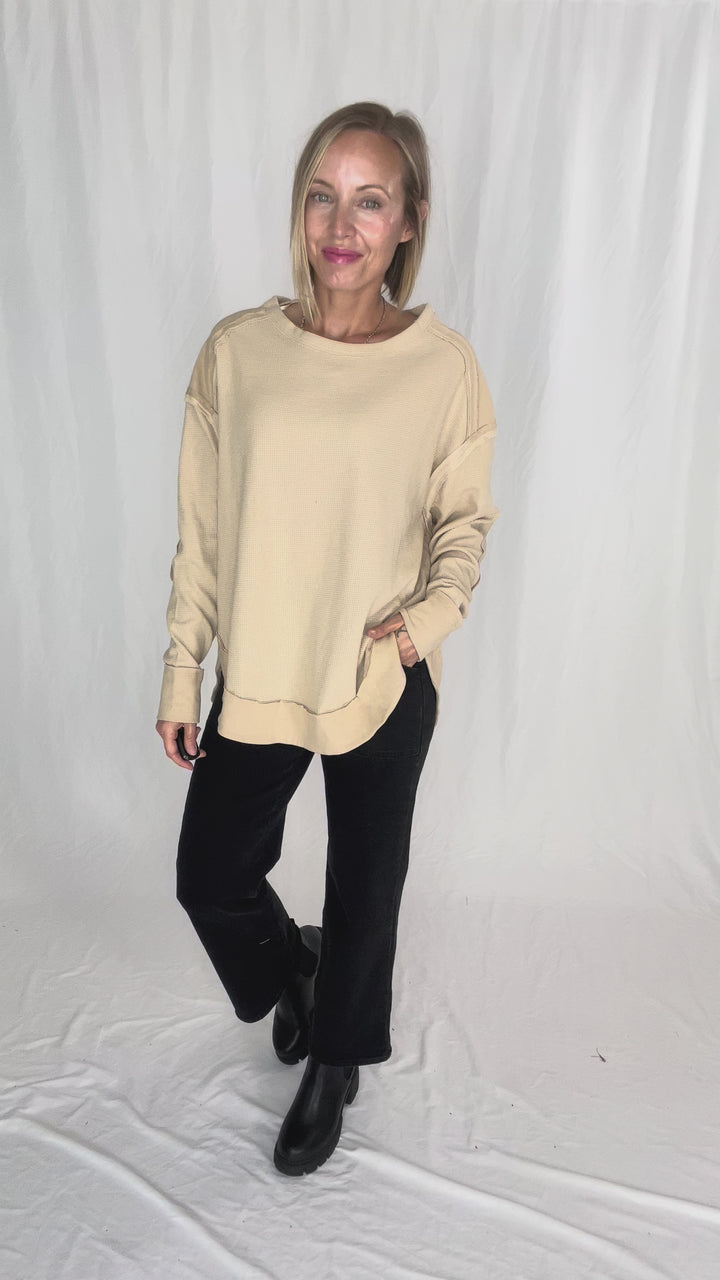 Jenna Long Sleeve Waffle Pullover- MOCHA
