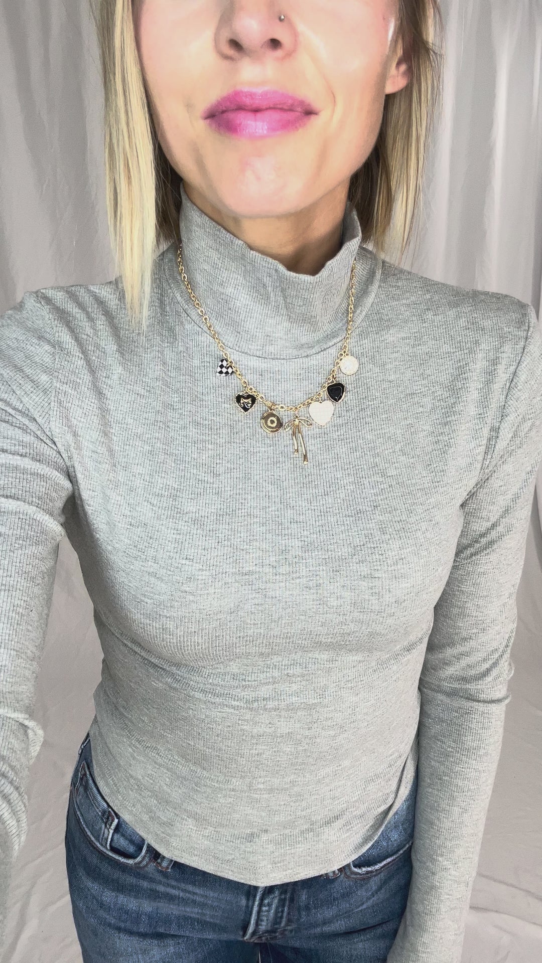 Petra Tarnish Free Charm Necklace with Bow, Checker, and Heart Rhinestone
