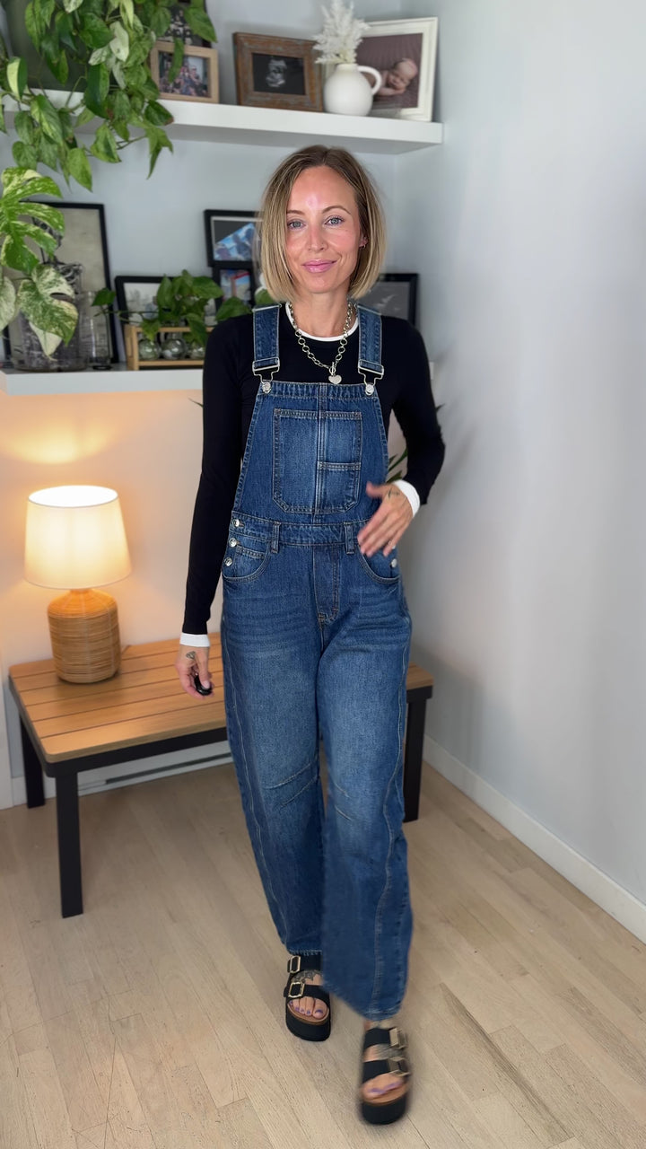 Tiffany Denim Barrel Overalls- DARK WASH