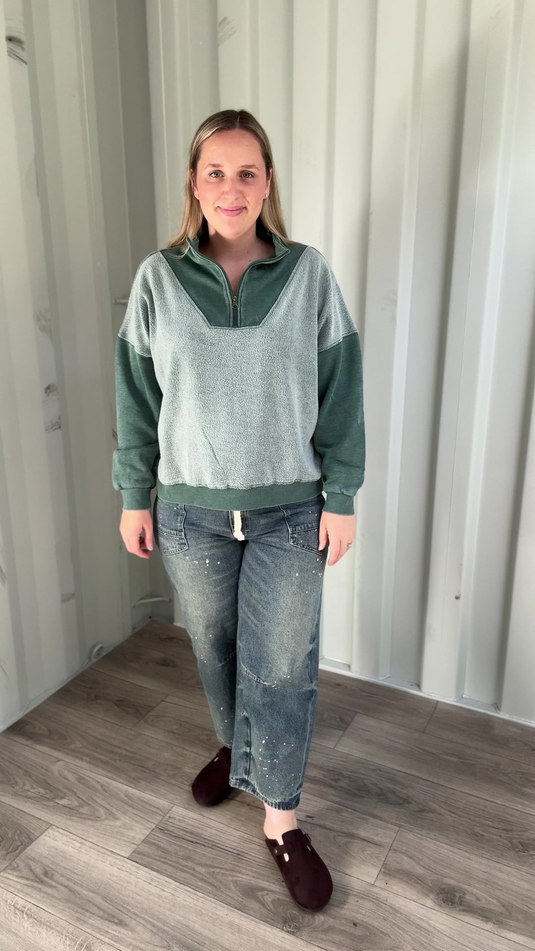 Jordana Mixed Fleece 1/4 Zip Sweatshirt- TEAL GREEN