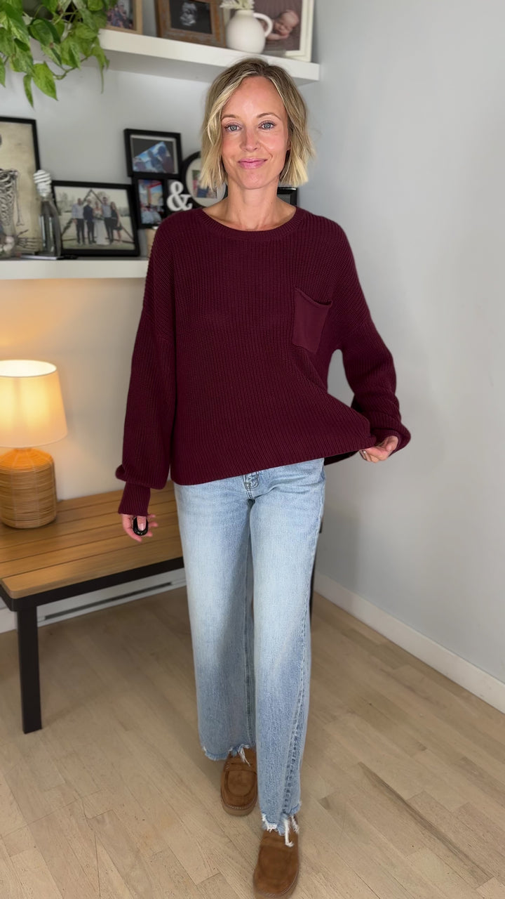 Sunday Raw Edge Pocket Sweater- BURGUNDY