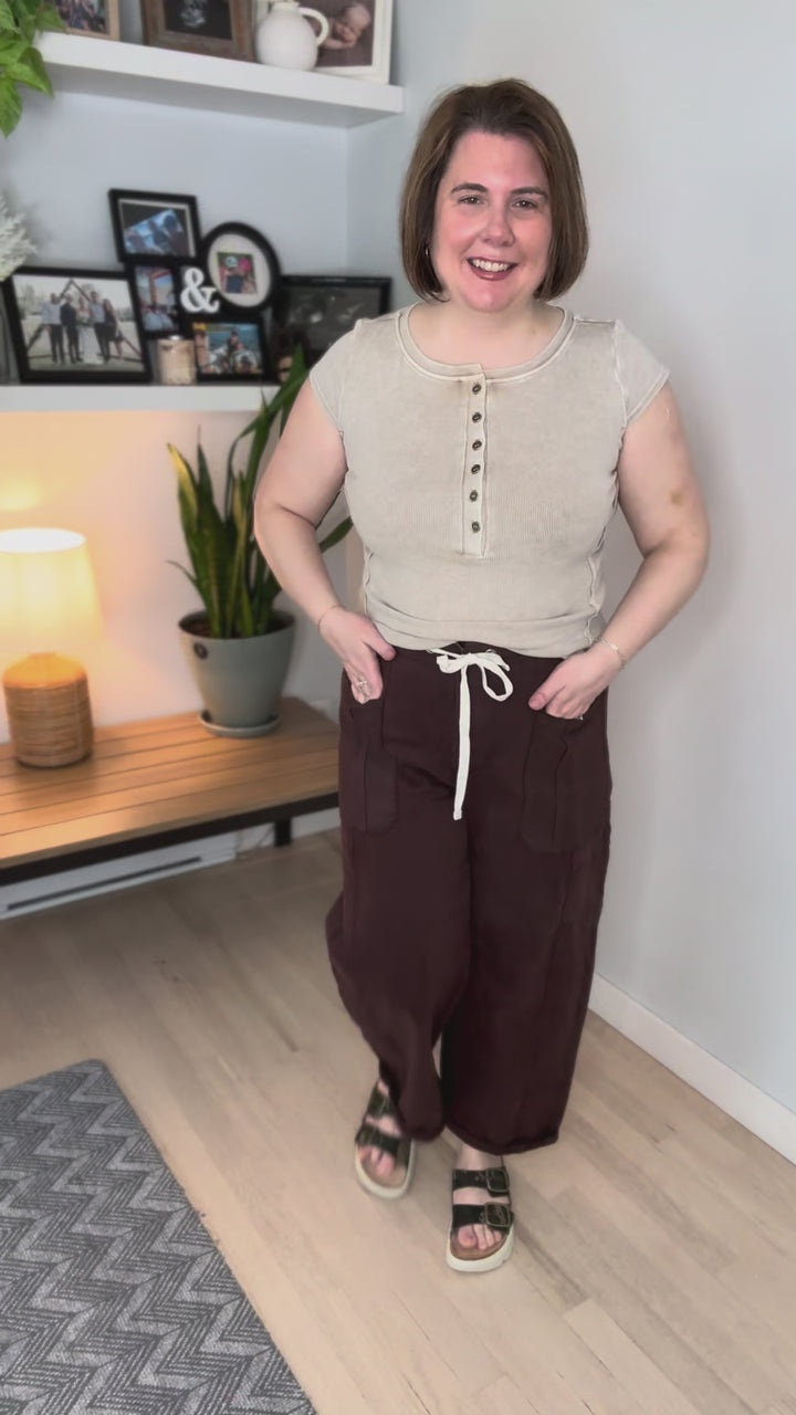 Jolie Washed Henley Ribbed Knit Top- MOCHA