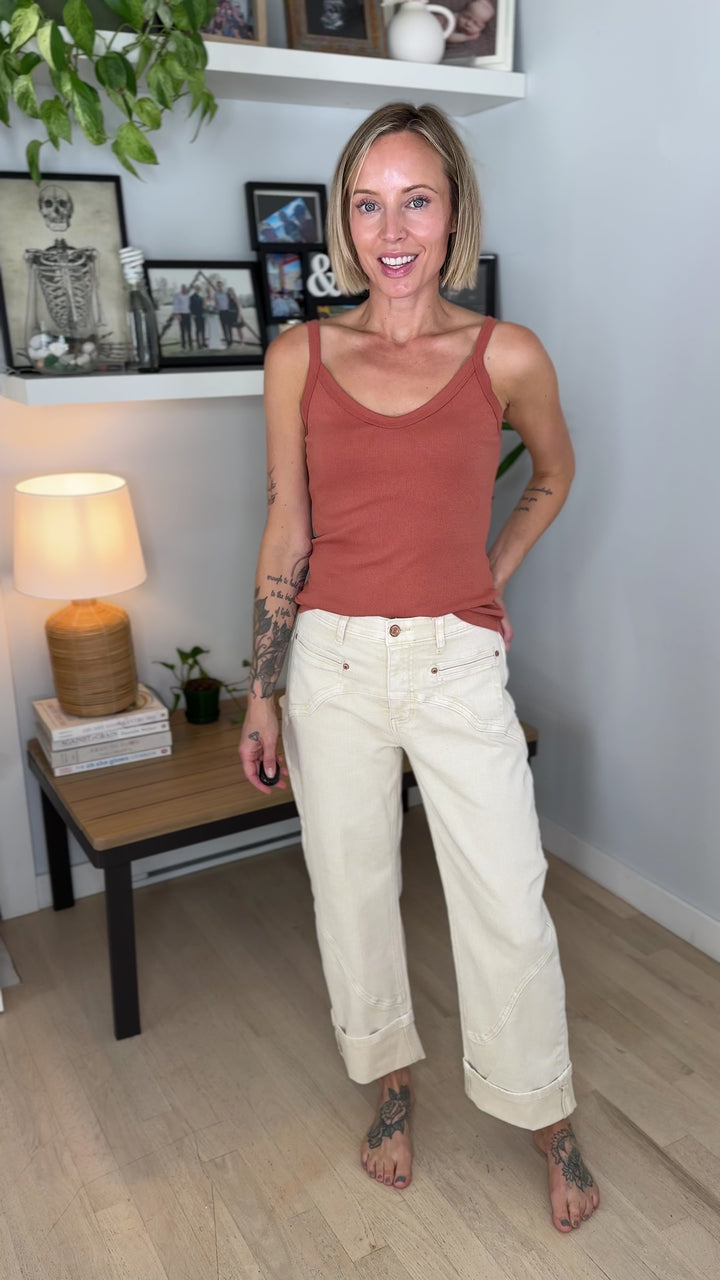 Saige Mapella Western Barrel High Rise Jeans- BEIGE