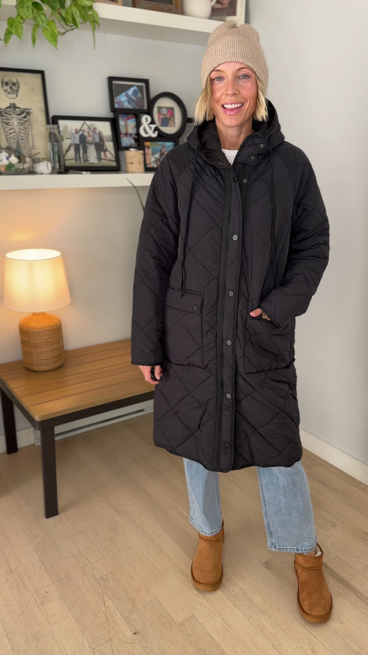 Applewood Long Line Puffer Coat- BLACK