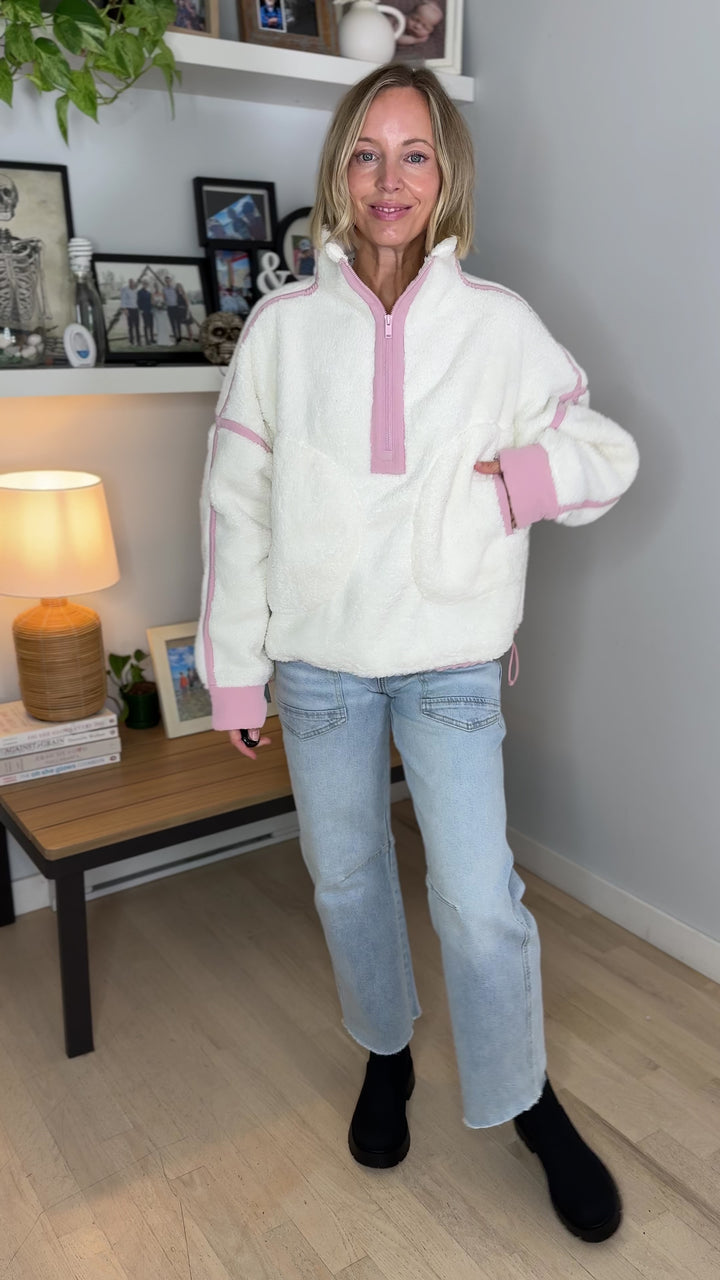 Salem Sherpa Mock Neck Quarter Zip Jacket- IVORY/DUSTY PINK