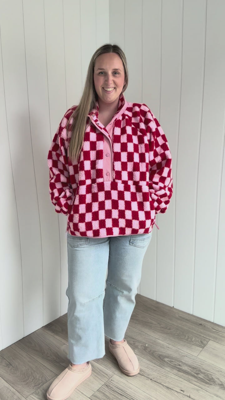 Martha Checkered Fleece 1/2 Snap Pullover- LIGHT PINK/RED