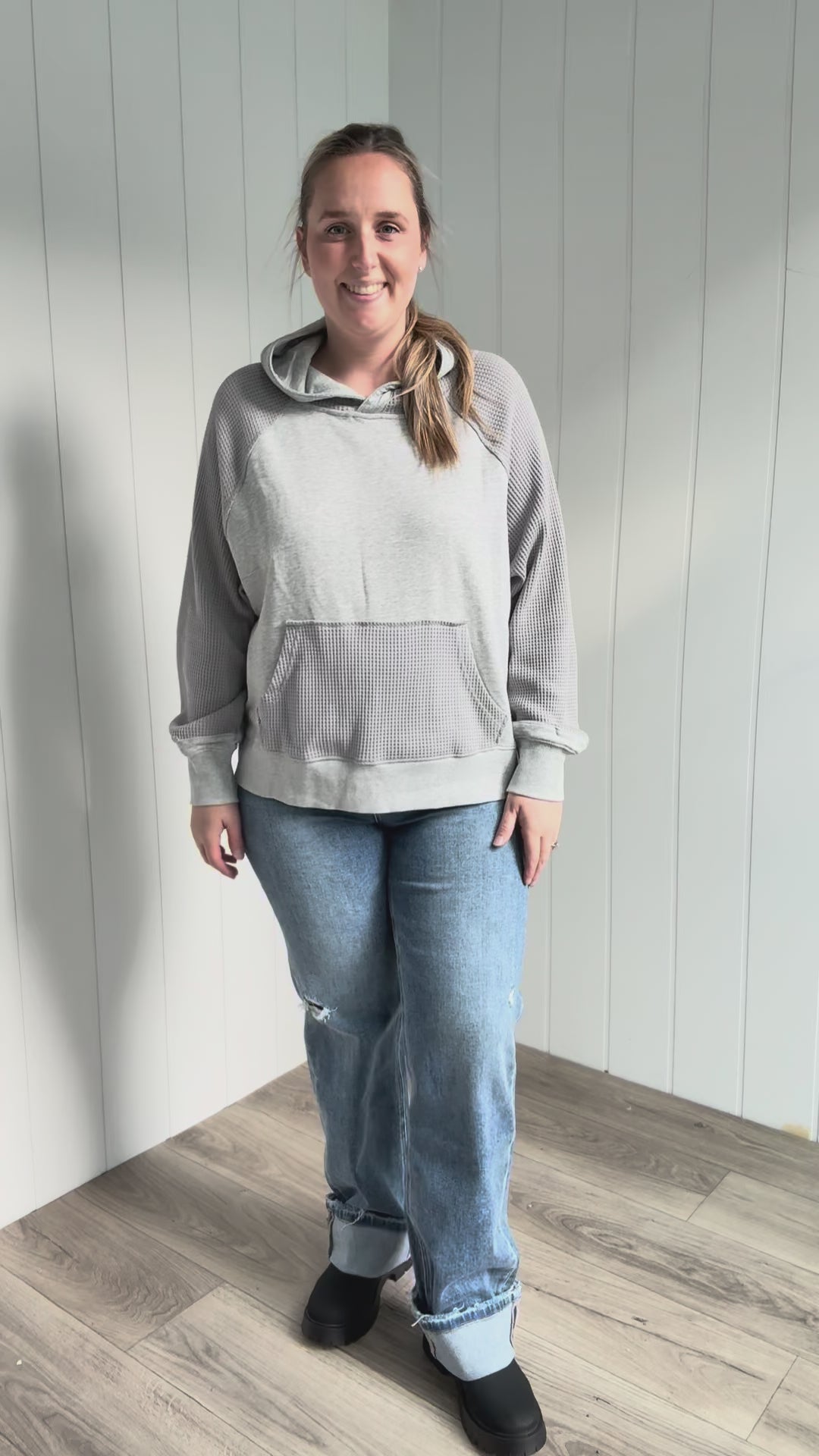 Sonoma Round Neck Waffle Knit Long Sleeve Hoodie- HEATHER GREY