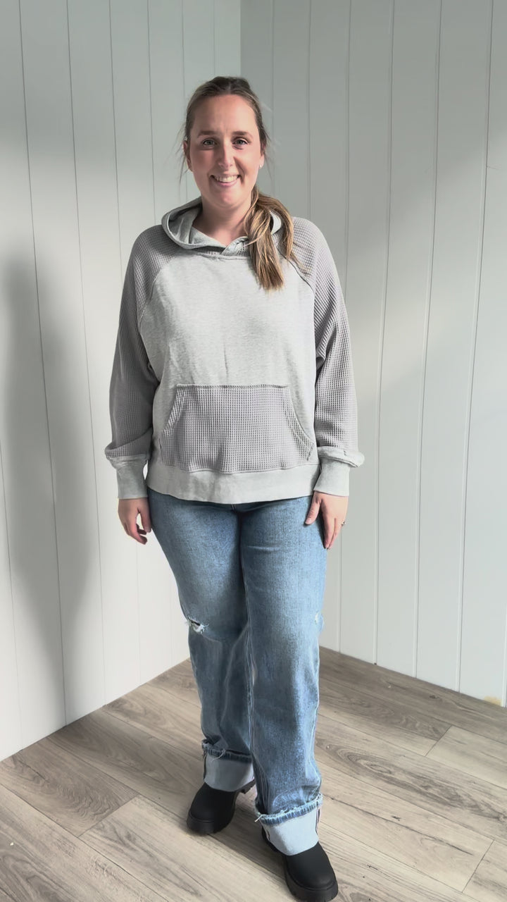 Sonoma Round Neck Waffle Knit Long Sleeve Hoodie- HEATHER GREY