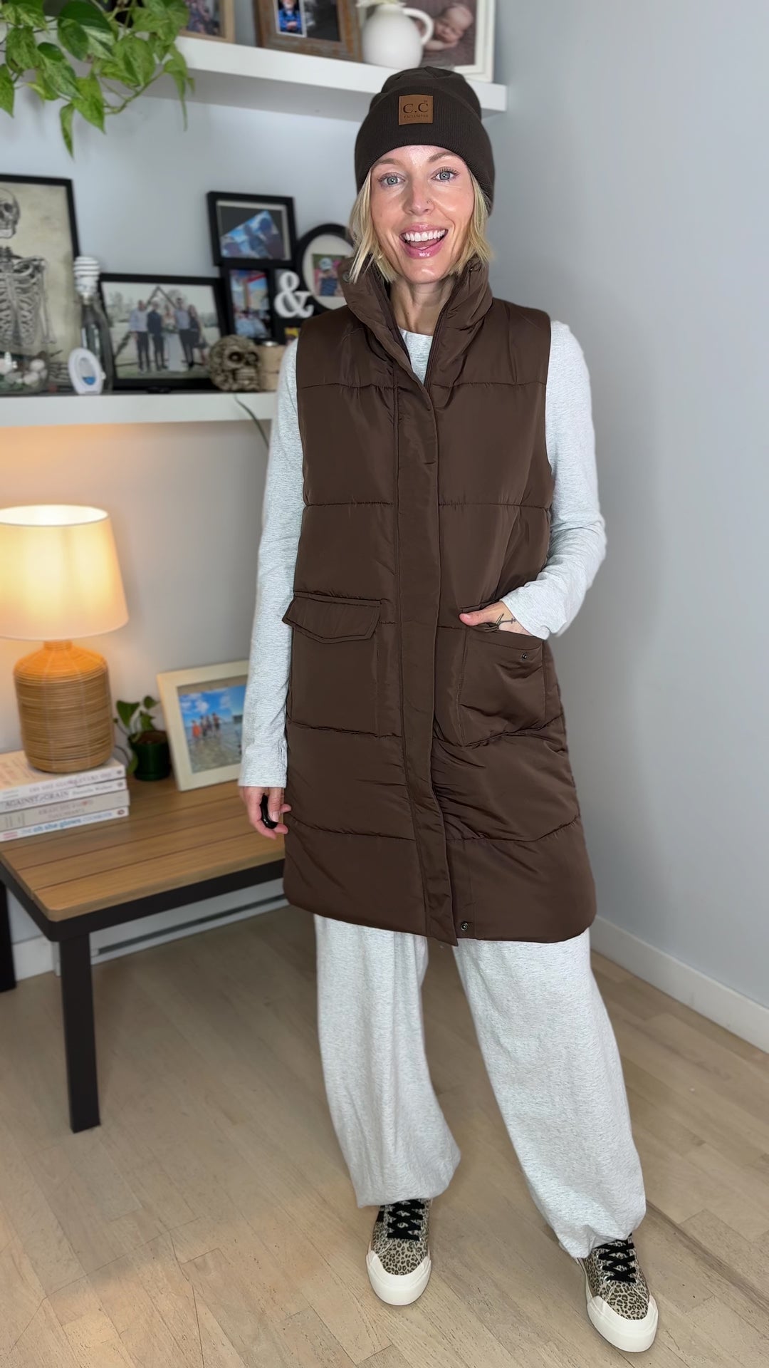 Norah Mock Neck Long Vest- DARK BROWN