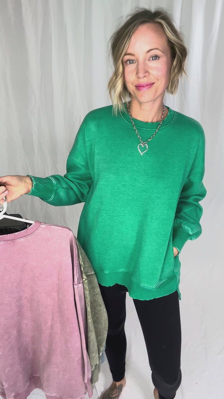 Caslo Acid Wash Fleece Pullover- KELLY GREEN-FINAL SALE