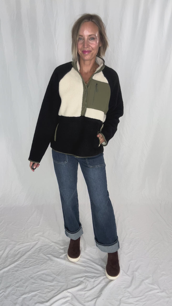 Tara Quarter Snap Sherpa Pullover- BLACK OLIVE COMBO