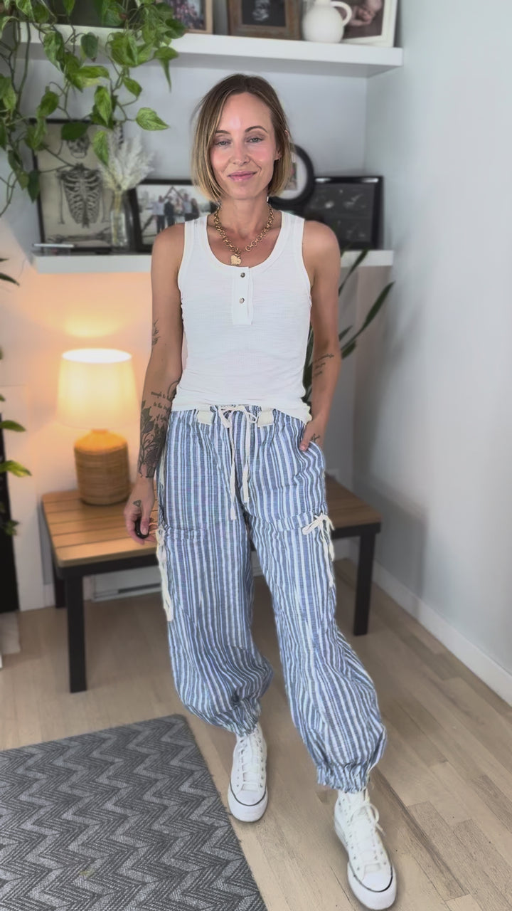 Paradise Palm Linen Blend Harem Jogger- COASTAL BLUE