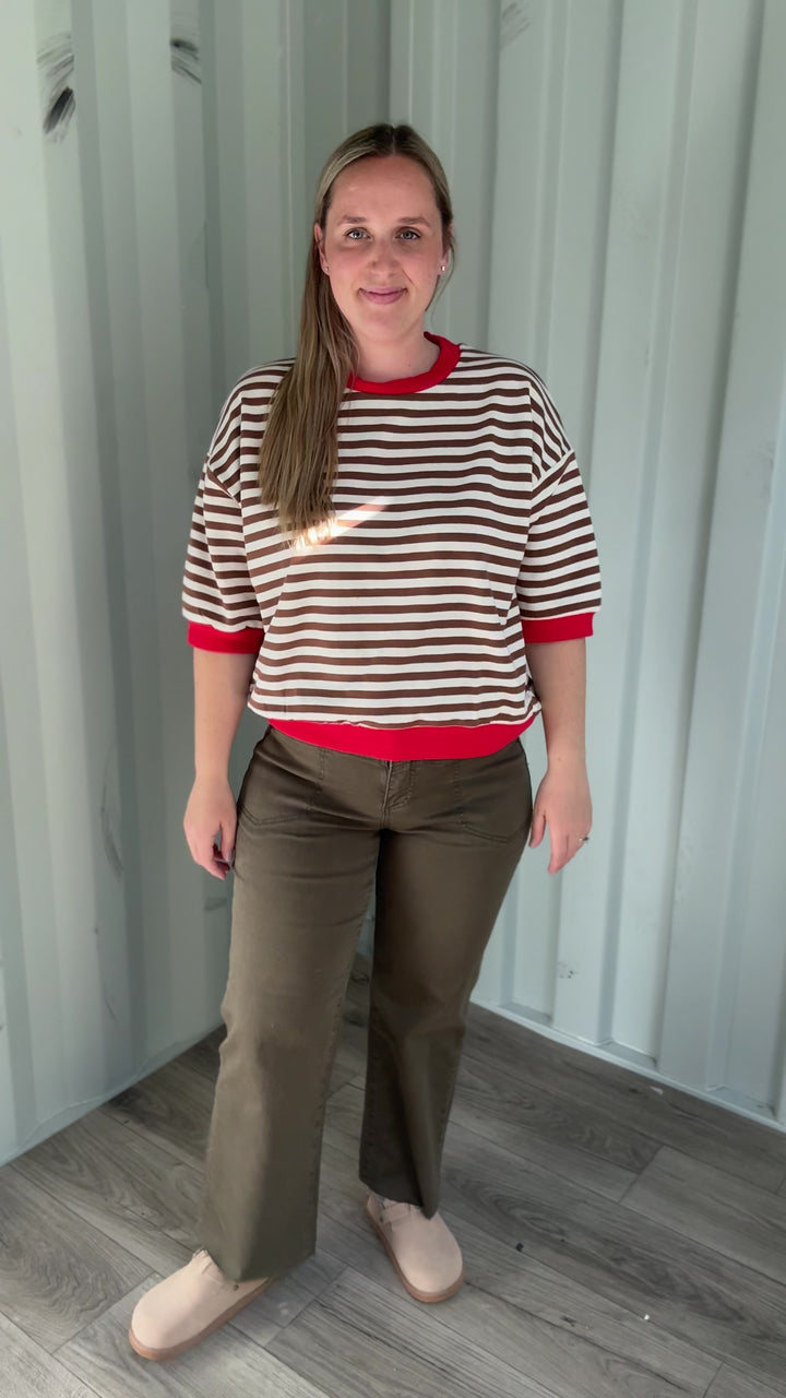 Bramble Colour Block Stripe Short Sleeve Pullover- BROWN MULTI