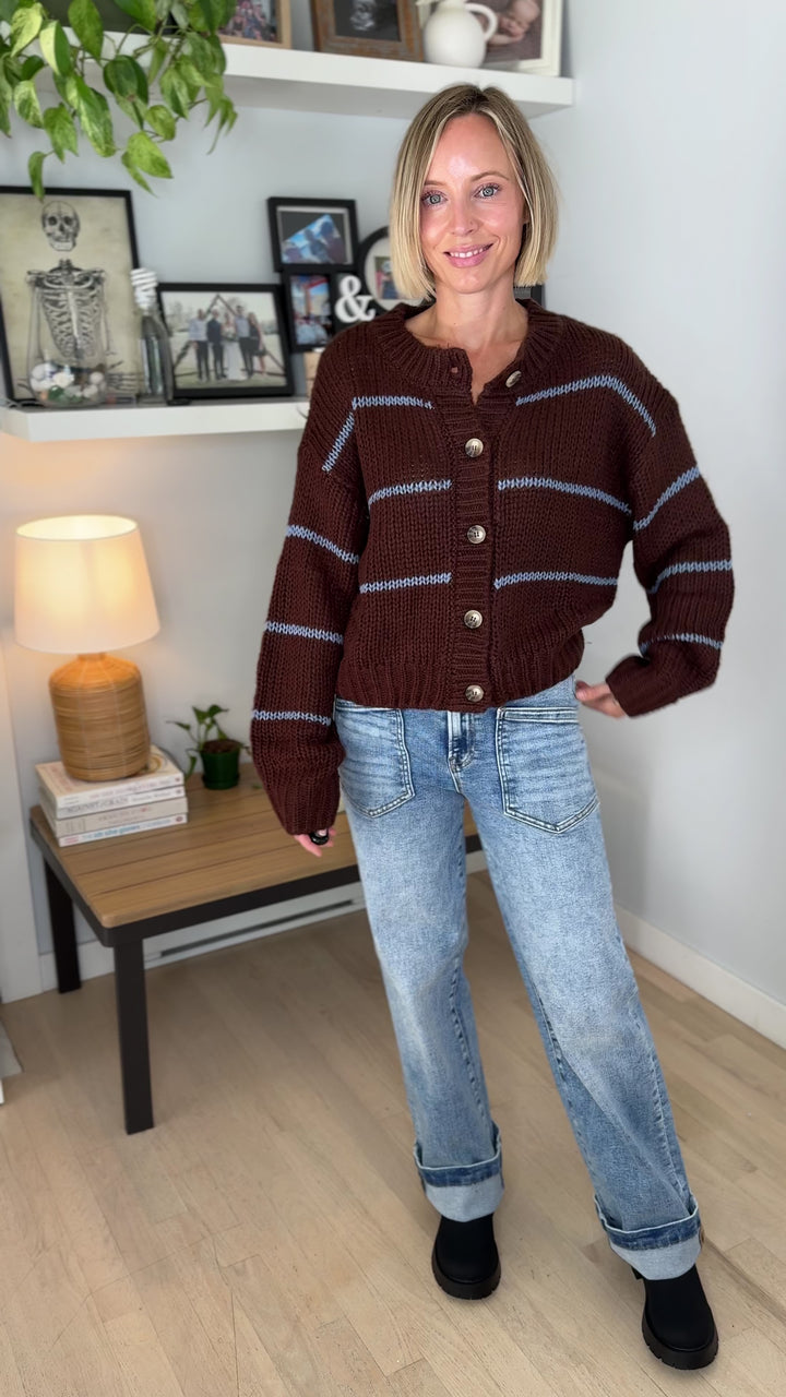 Julissa Button Down Striped Cardigan- BROWN