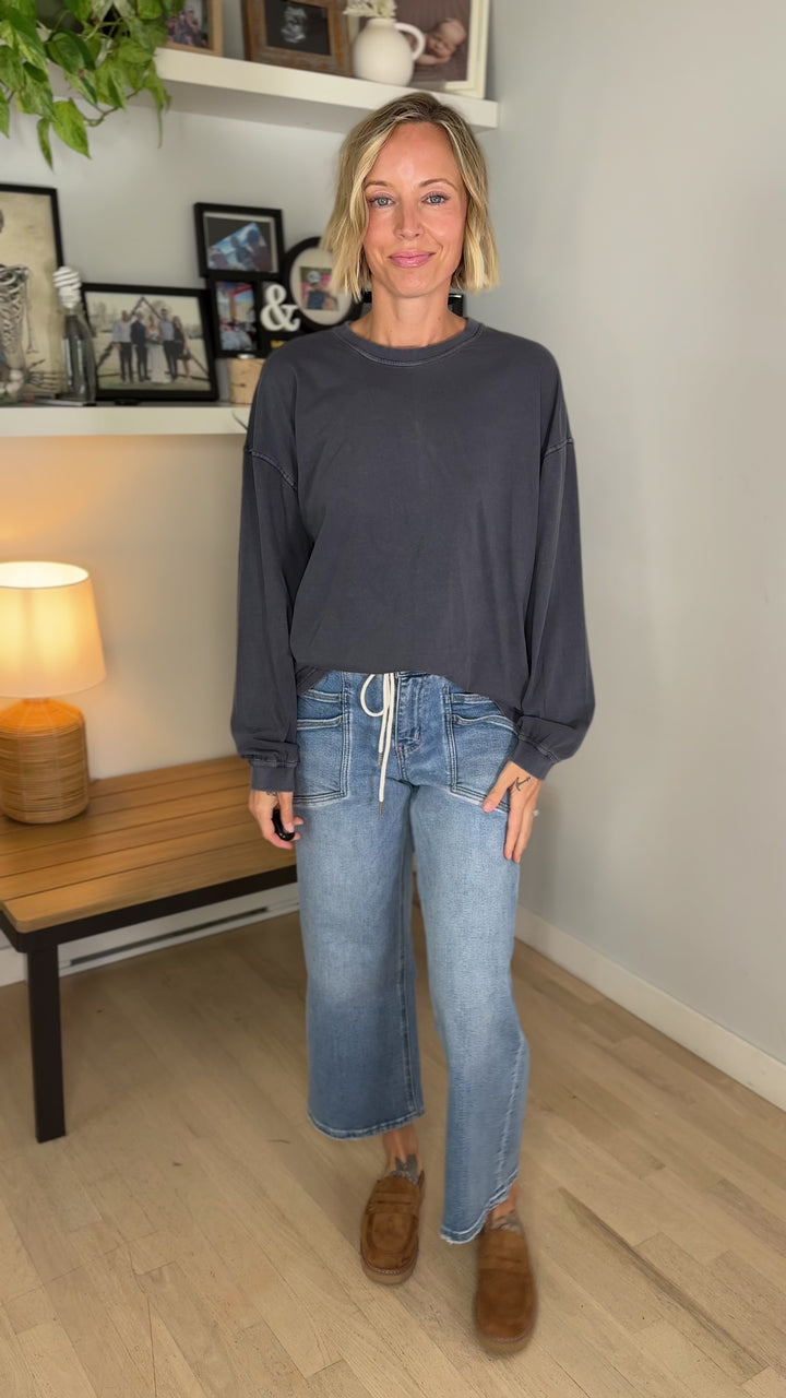 Landyn Washed Cotton Crewneck Long Sleeve- NAVY