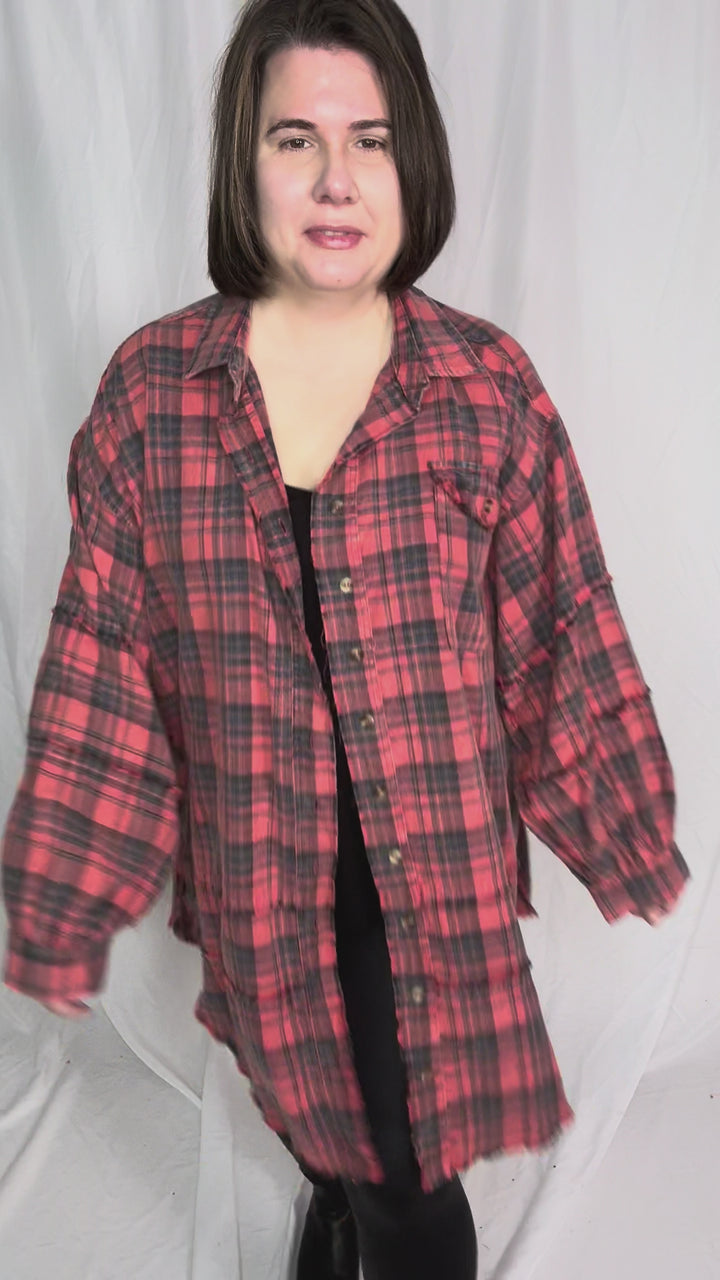 Fenton Oversized Plaid Button Shacket- FADED CORAL RED-FINAL SALE