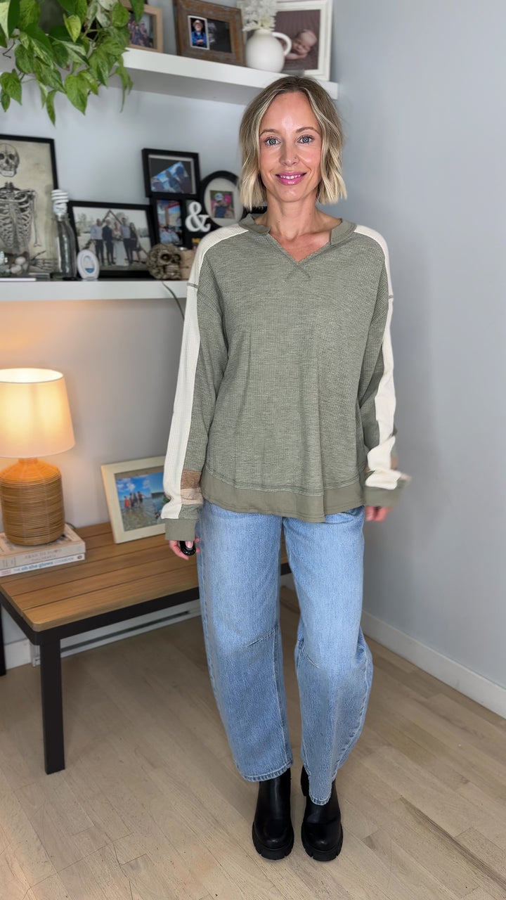 Elara Oversized Waffle Long Sleeve Pullover- SAGE