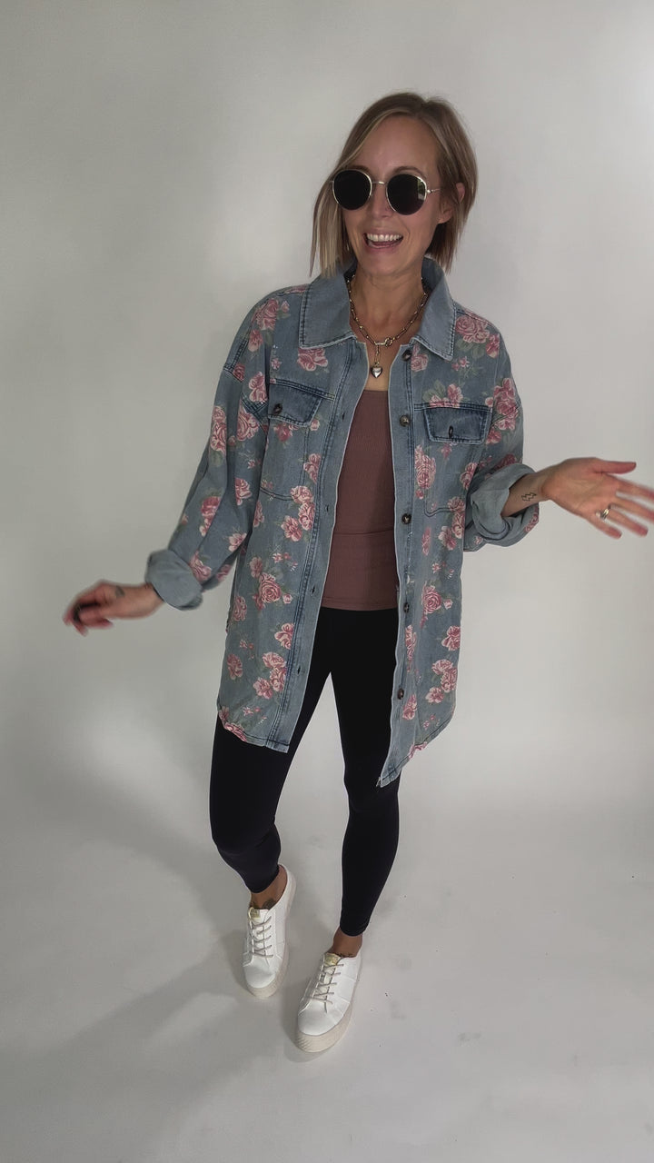 Shylah Floral Print Washed Denim Shacket- LIGHT