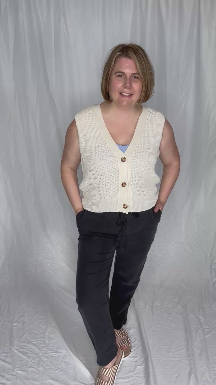 Suzy Chunky Waffle Knit Sweater Vest With Buttons- CREAM