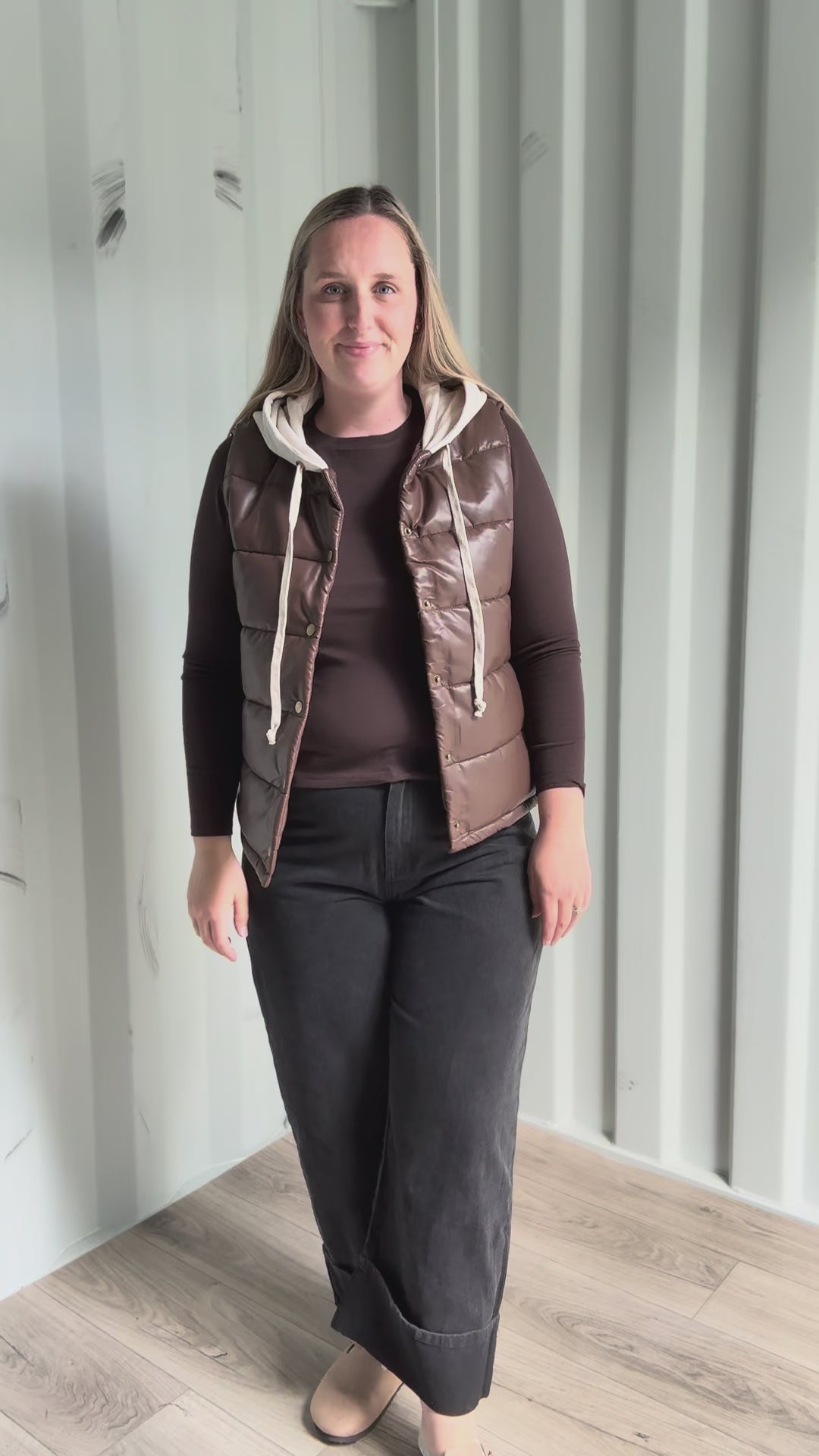 Pumpkin Patch Faux Leather Hoodie Vest- CHESTNUT