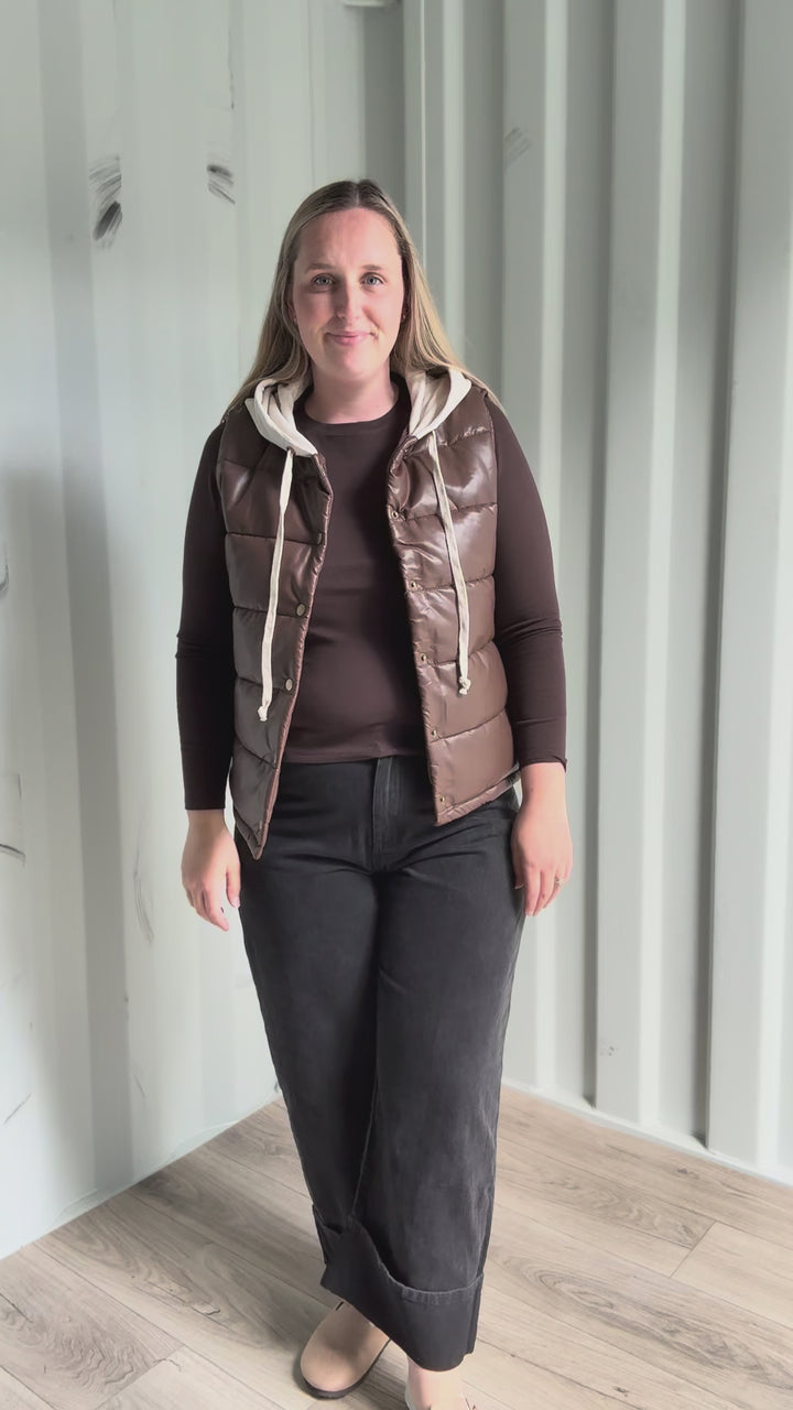 Pumpkin Patch Faux Leather Hoodie Vest- CHESTNUT