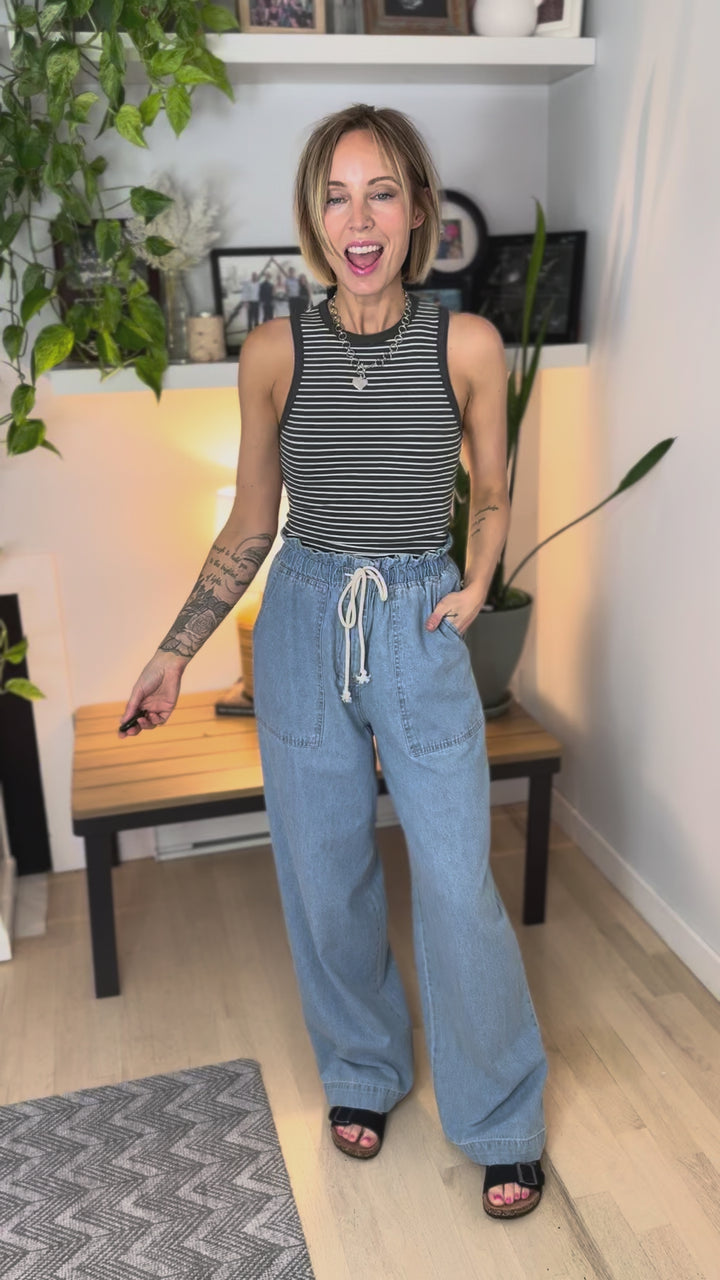 Kenna Round Neck Sleeveless Striped Bodysuit- CHARCOAL/WHITE STRIPE