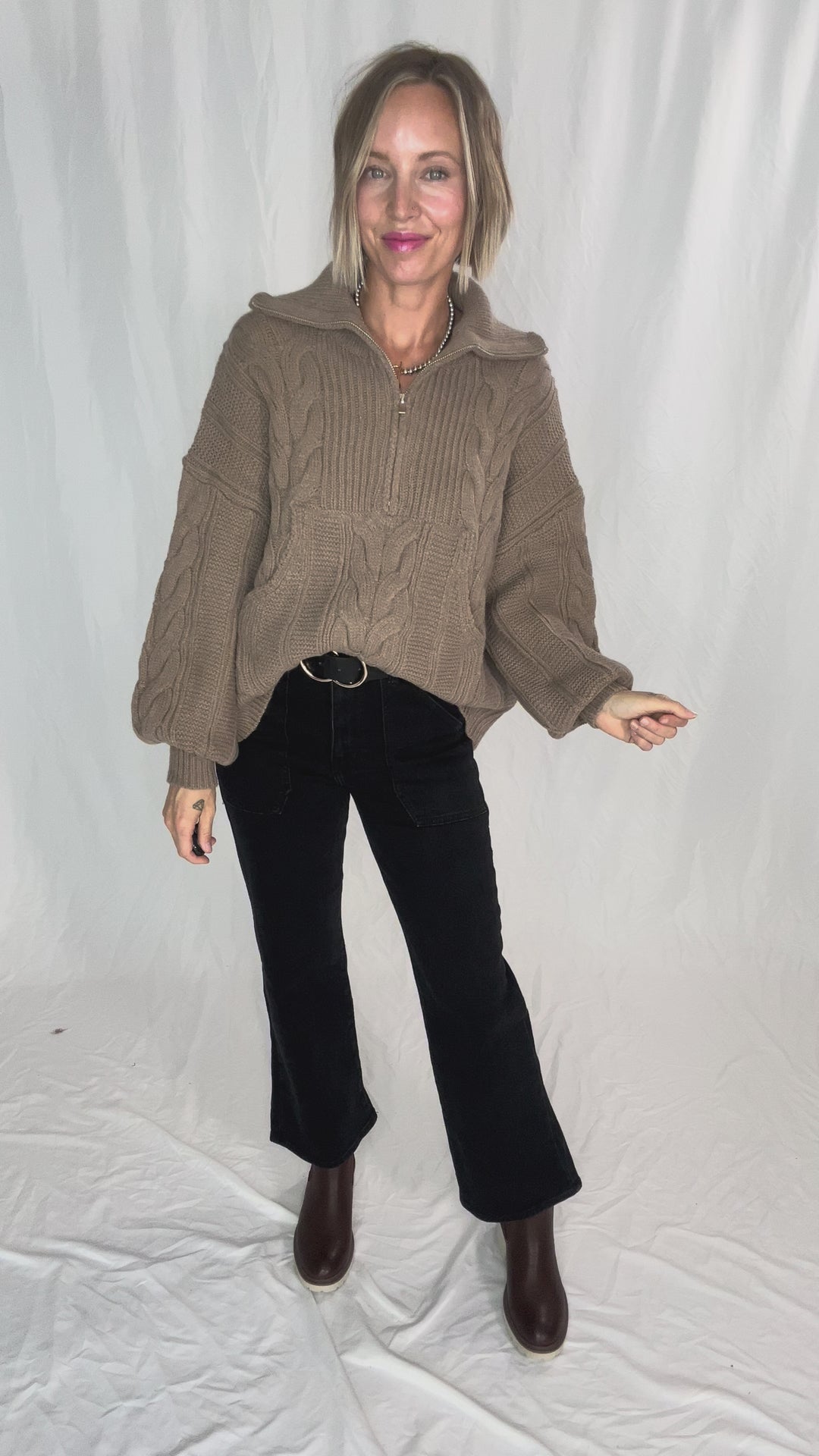 Kiki Cable Knit 1/2 Zip Sweater- FAWN