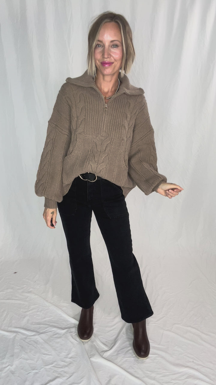 Kiki Cable Knit 1/2 Zip Sweater- FAWN