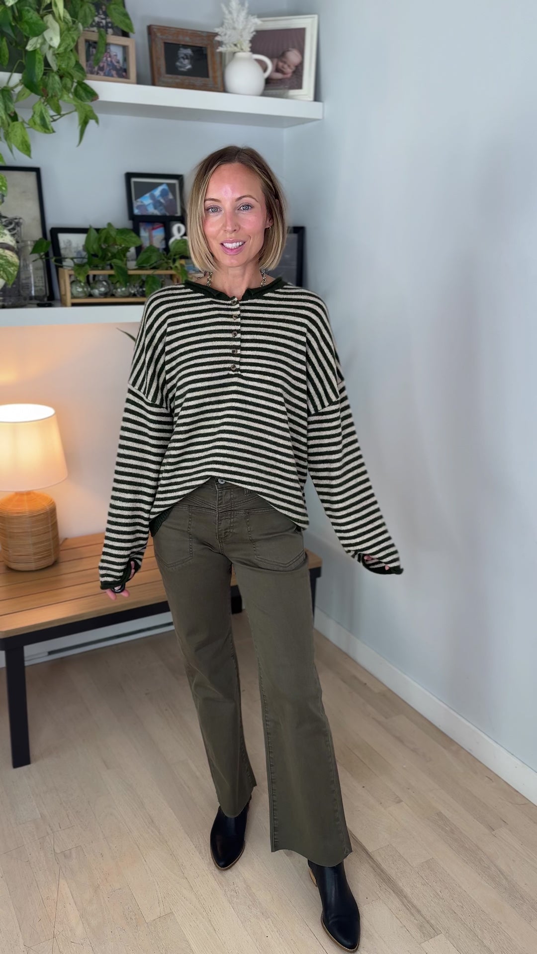 Briar Henley Stripe Sweater- OLIVE