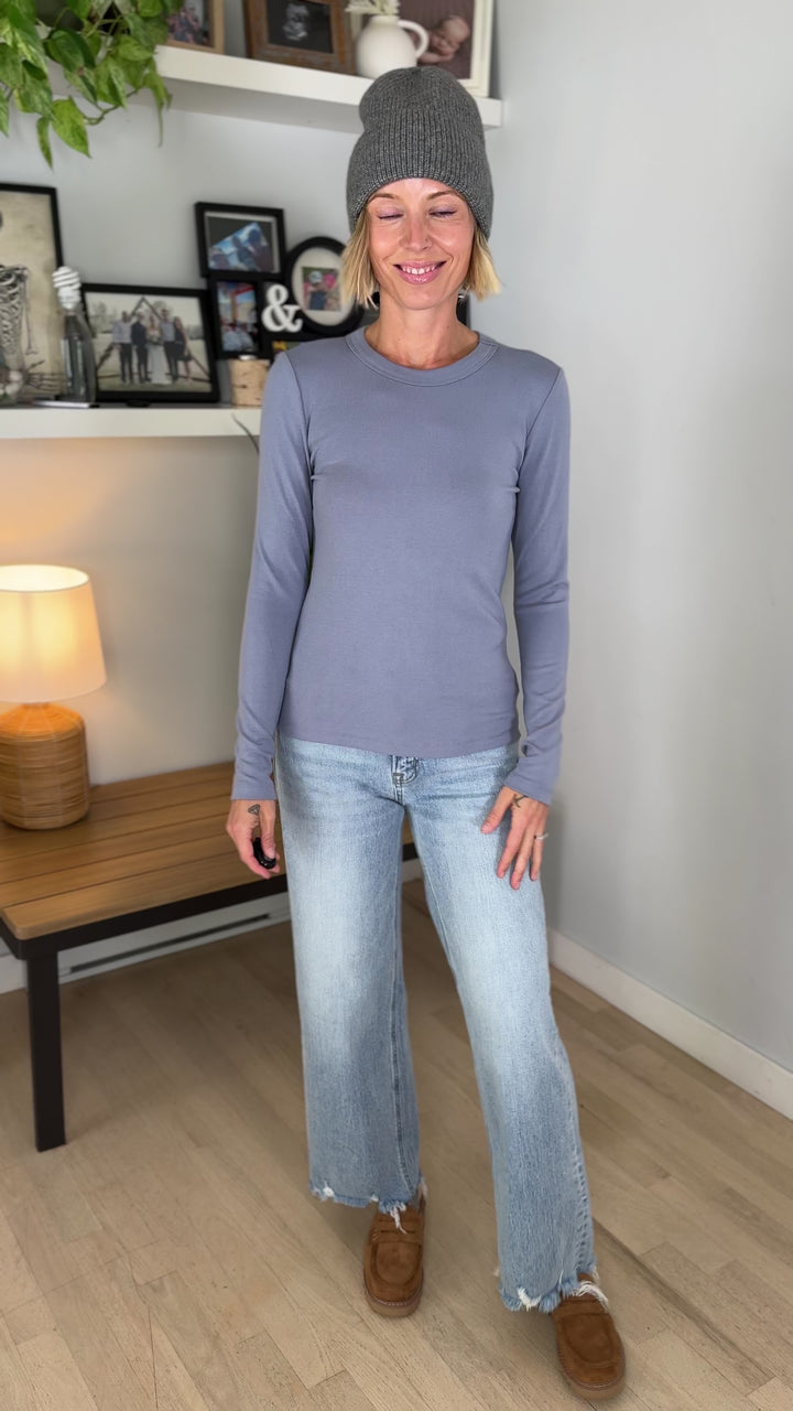 Tansy Basic Crewneck Longsleeve Knit Top- VINTAGE BLUE