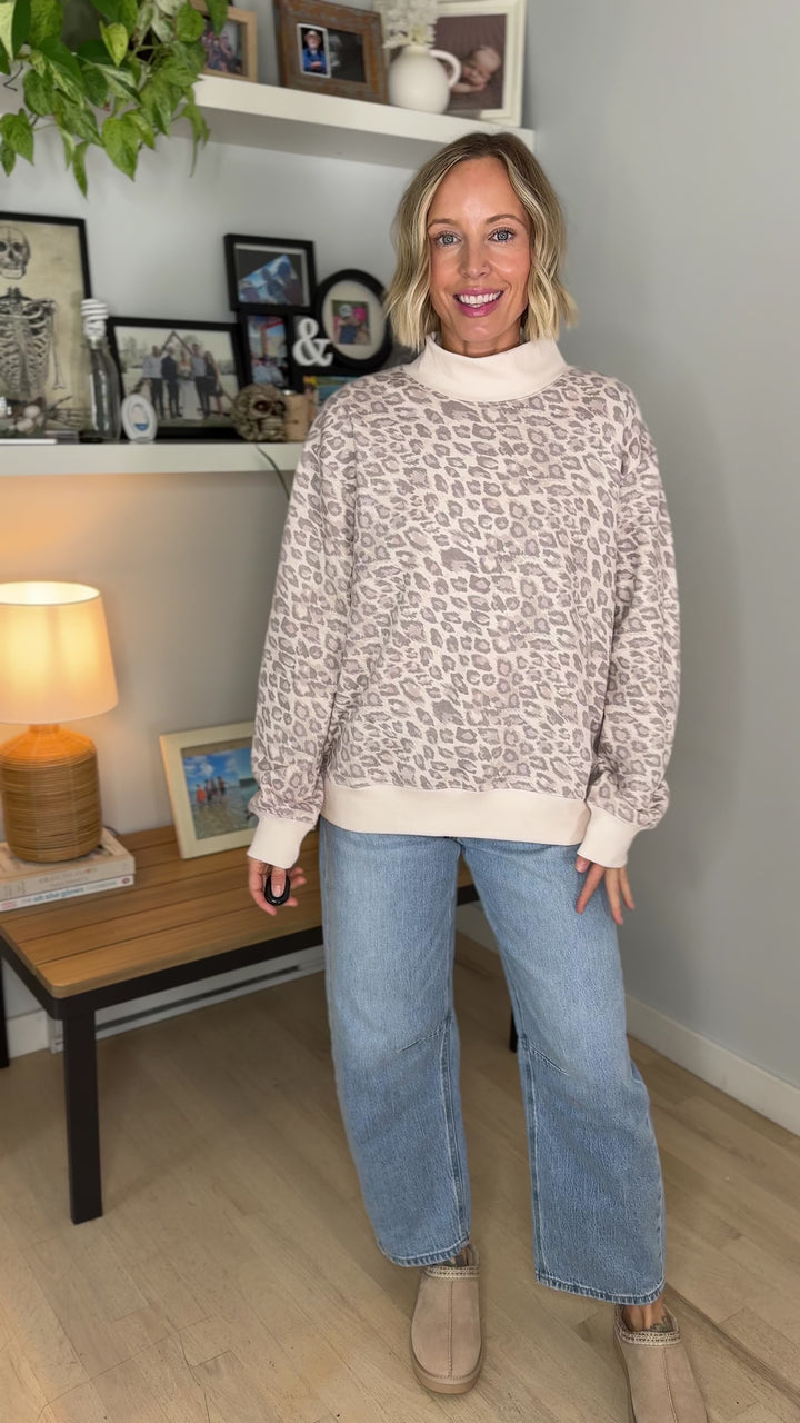 Peter Printed Mock Neck Sweatshirt- TAN/LEOPARD