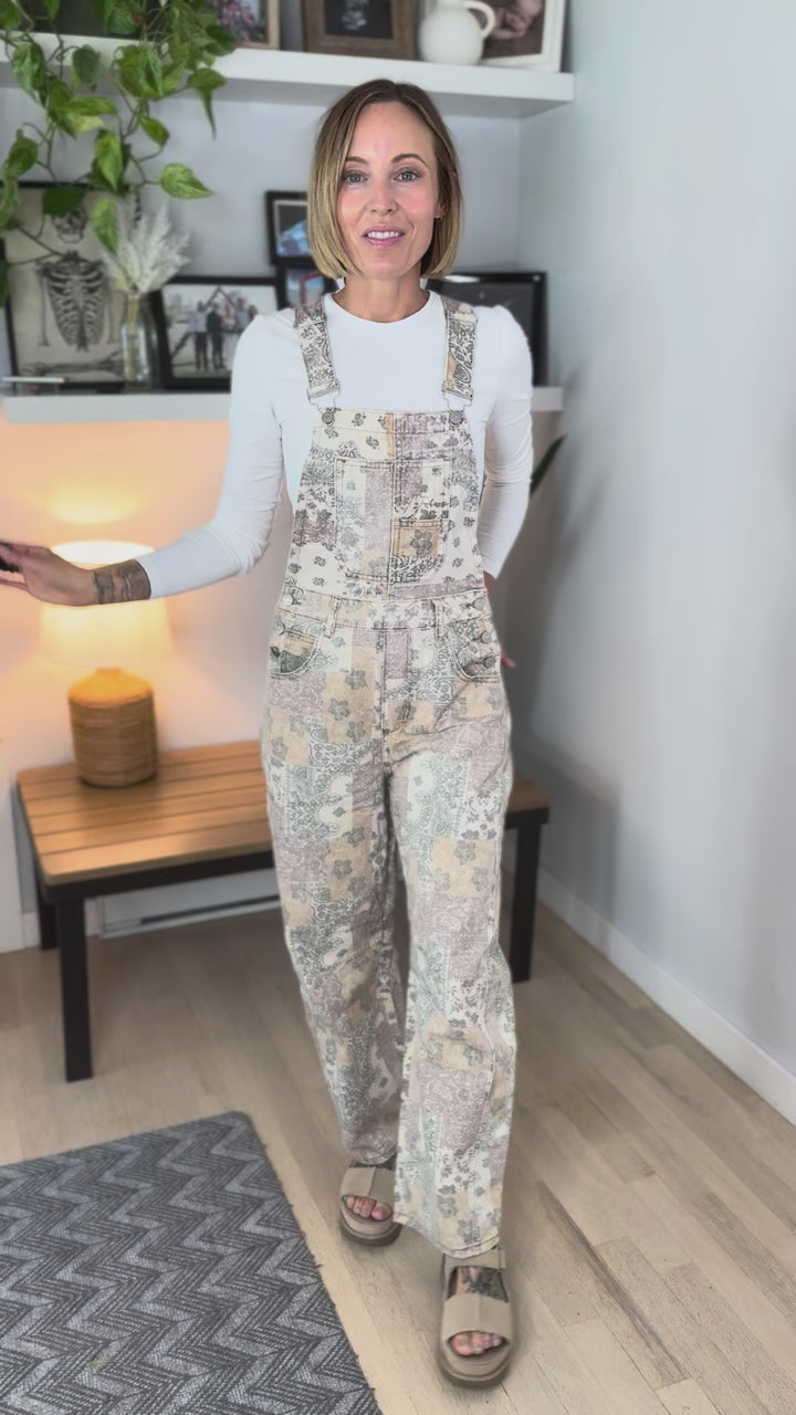 Fleur Vintage Floral Barrel Overalls- TAUPE MULTI
