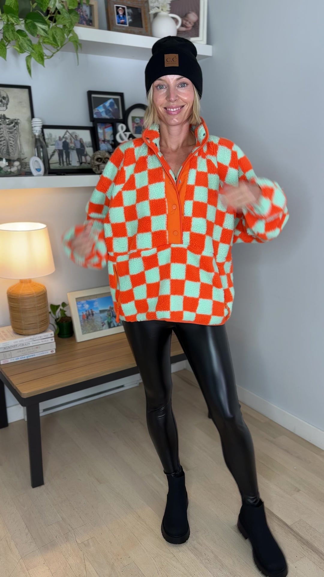 Martha Checkered Fleece 1/2 Snap Pullover- ORANGE/LIGHT BLUE